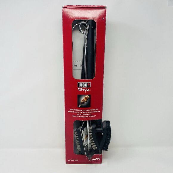 Weber Style Grilling 4 Piece Stainless Steel Skewer Set with Brushes 15" Long - Picture 1 of 7